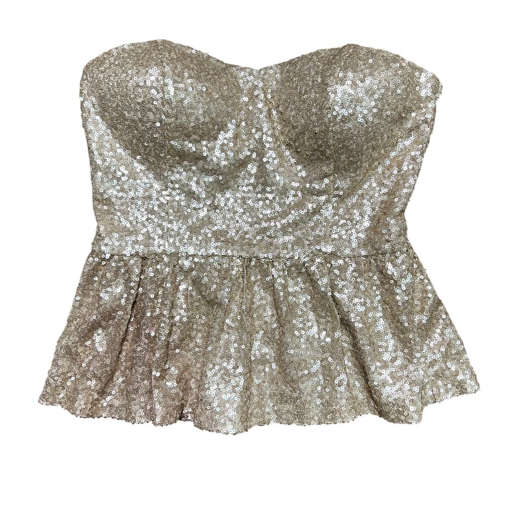 Forever 21 Gold Sequin Bustier Peplum Top Sweetheart Neckline Size Small